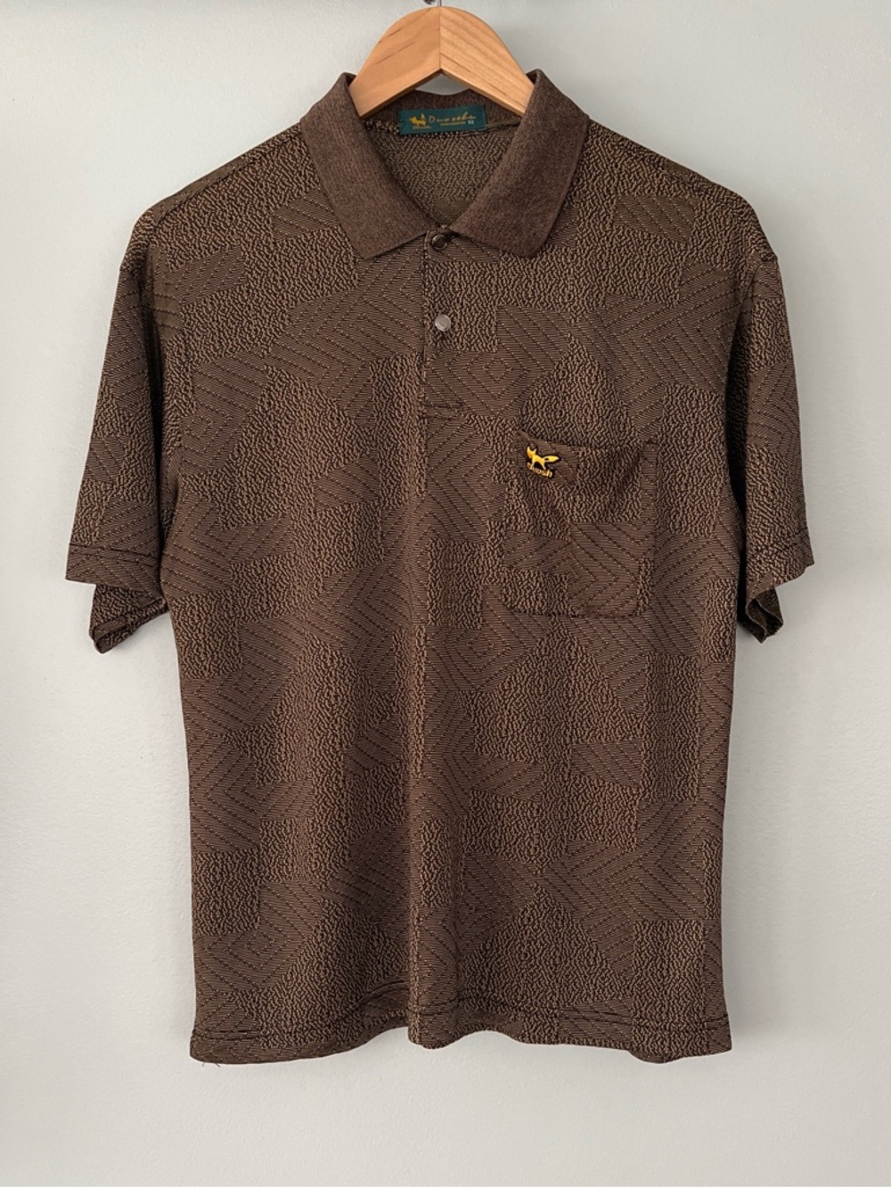 Japanese Brand Men's Brown Textured Polo with Pocket Fox Logo